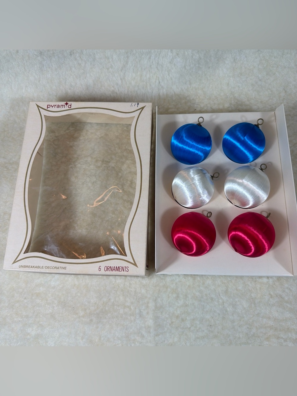 6 Vintage Pyramid Boxed Satin Silk Holiday Ornaments Red White Blue